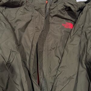 The North Face Men's Green Raincoat with Pink Logo